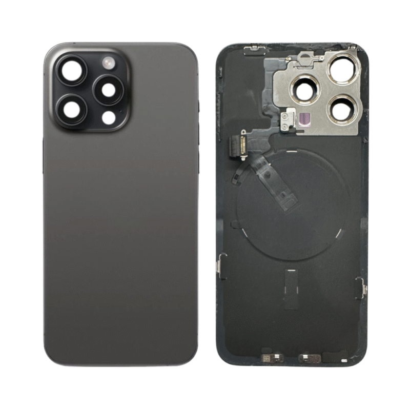 iphone 15 pro back glass with steel plate, wireless nfc charging magsafe magnet & flashlight flex (black titanium)