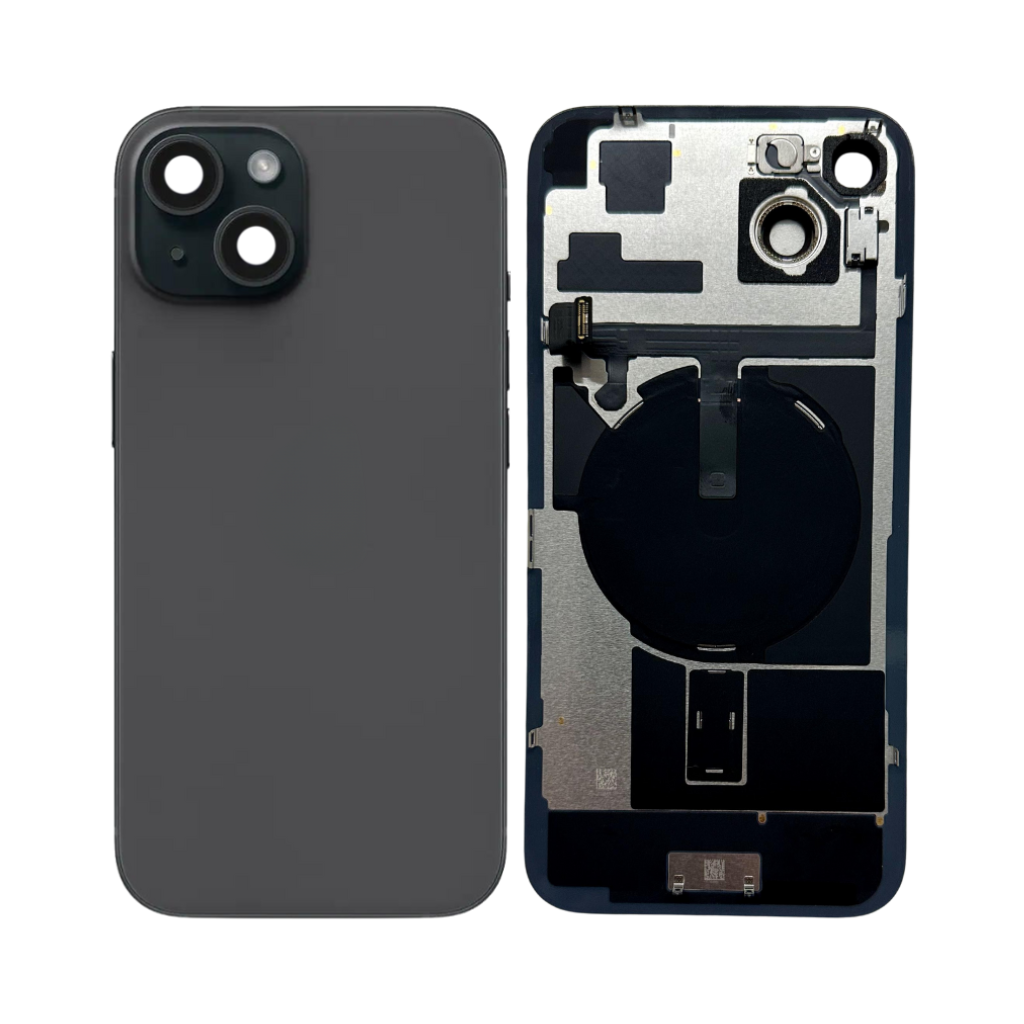 iphone 15 plus back glass with steel plate, wireless nfc charging magsafe magnet & flashlight flex (black)