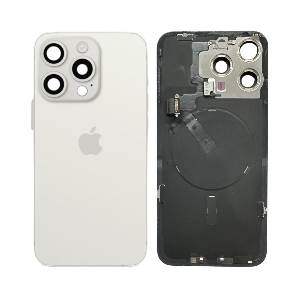 iphone 15 pro back glass with steel plate, wireless nfc charging magsafe magnet & flashlight flex (white titanium)